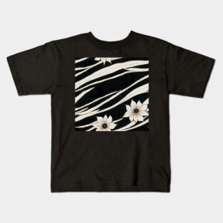 Black and White Vintage Floral Cottagecore Gothic Romantic Flower Peony Rose Leaf Design Kids T-Shirt